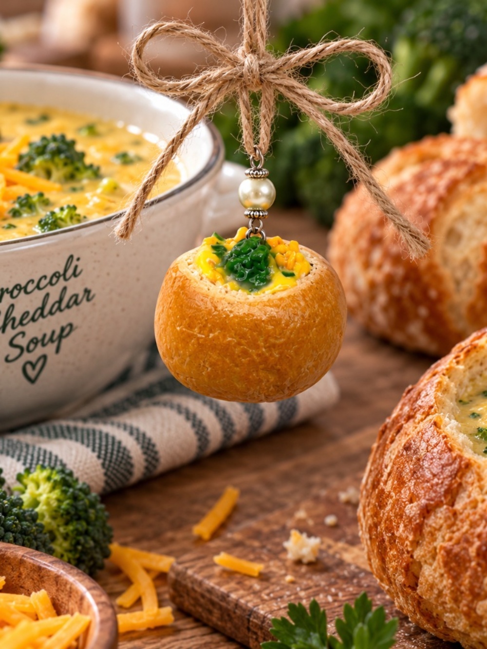 Broccoli Cheddar Soup Bread Bowl Ornament | Handmade Mini Food Kitchen Décor